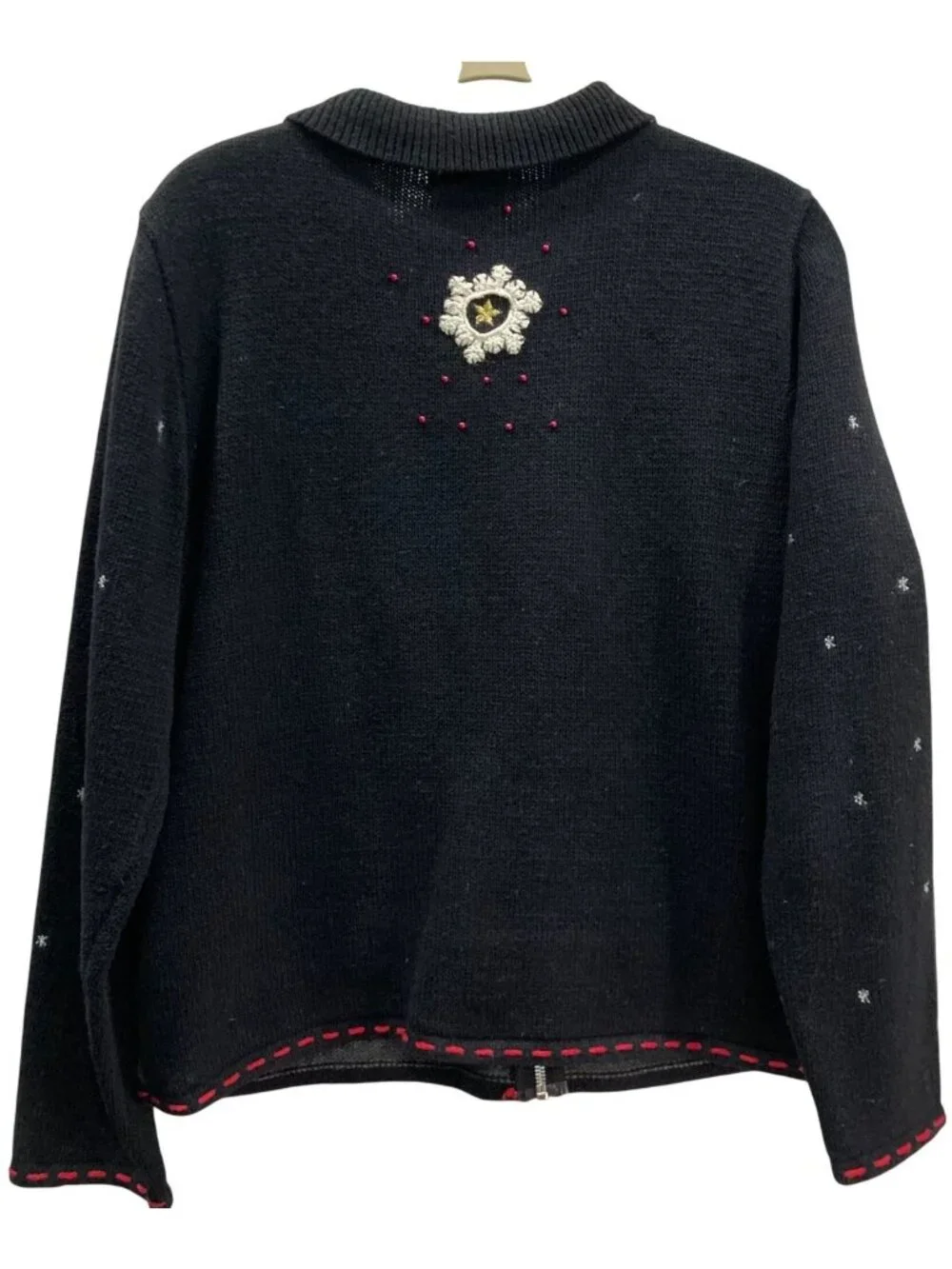 Designers Studio Patchwork Christmas Cardigan PL Black Sweater Snowman Holiday
